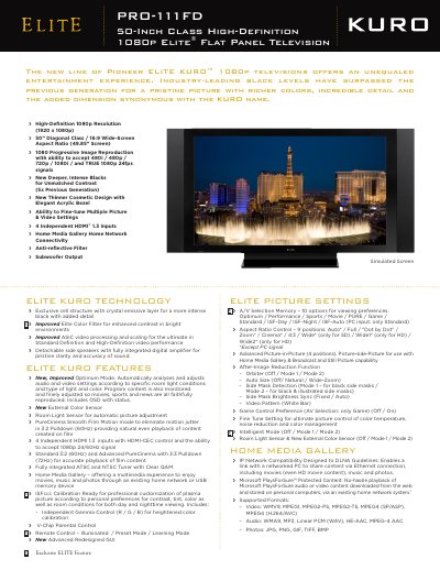 ELITE KURO 50-Inch Class High-Definition 1080p Elite Flat Panel Television PRO-111FD User Manual