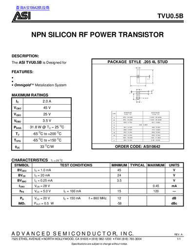 ASI TVU0.5B NPN Silicon RF Power Transistor Datasheet - cover page
