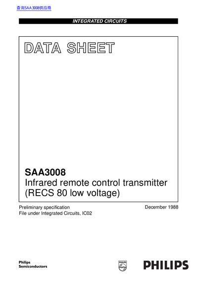 Philips SAA3008 Infrared Remote Control Transmitter Datasheet - cover page