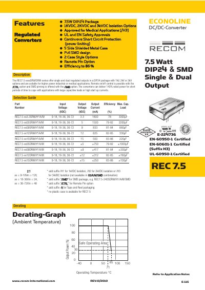 RECOM 7.5 Watt DIP24 SMD Single Dual Output ECONOLINE DC/DC-Converter - cover page