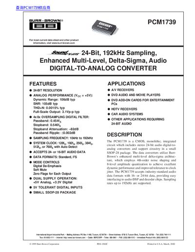 Burr-Brown PCM1739 Audio DAC Datasheet - cover page