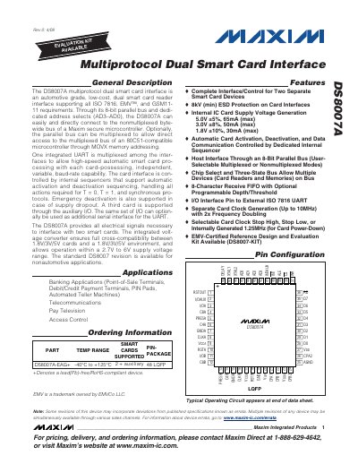 Maxim DS8007A Multiprotocol Dual Smart Card Interface Datasheet - cover page
