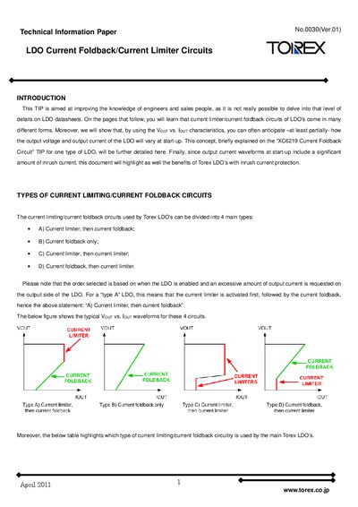 Torex LDO Current Foldback/Current Limiter Circuits Technical Information Paper - cover page