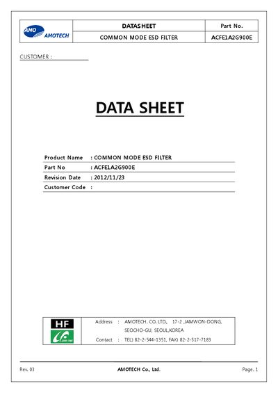 AMOTECH ACFE1A2G900E Common Mode ESD Filter Datasheet - cover page