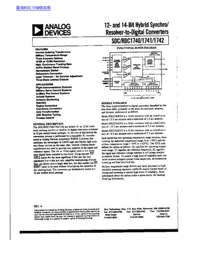 Analog Devices SDC/RDC1740/1741/1742 Hybrid Synchro/Resolver-to-Digital Converters Datasheet - cover page