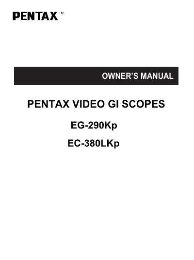 Pentax EG-290Kp / EC-380LKp Video GI Endoscope Owner's Manual - cover page