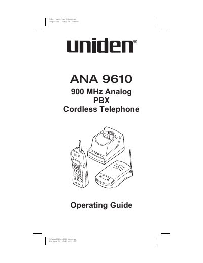 Uniden ANA 9610 900 MHz Analog PBX Cordless Telephone Operating Guide - cover page