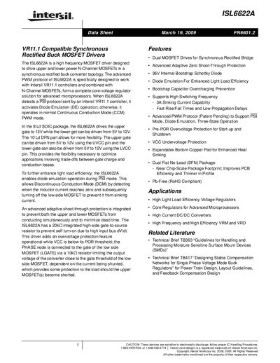 Intersil ISL6622A Data Sheet - cover page