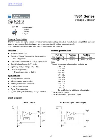 Taiwan Semiconductor TS61 Series Voltage Detector Datasheet - cover page