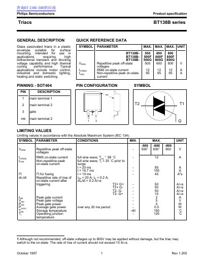 Philips BT138B Triac Product Specification - cover page