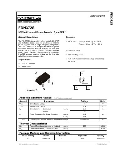 Fairchild Semiconductor FDN372S 30V N-Channel PowerTrench SyncFET Datasheet - cover page