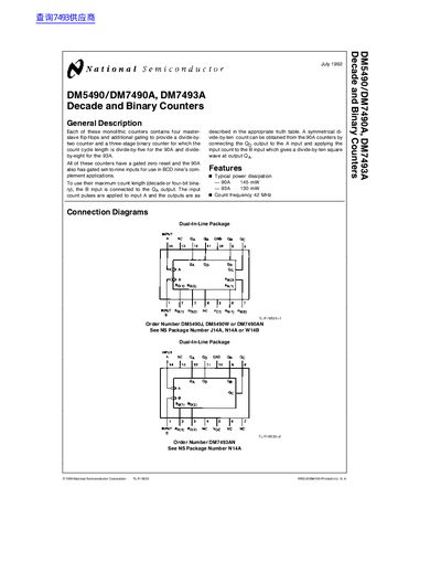 National Semiconductor DM5490/DM7490A DM7493A Datasheet - cover page