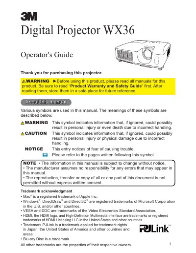 3M WX36 Digital Projector Operator's Guide - cover page