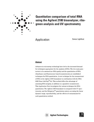 Agilent 2100 Bioanalyzer RNA Quantitation Comparison Application Note - cover page