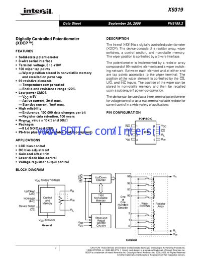Intersil X9319 Datasheet - cover page