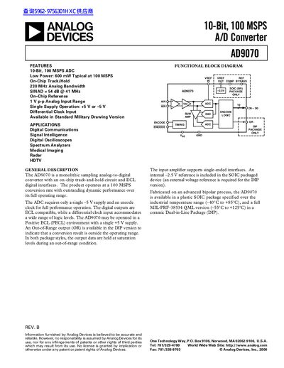 ANALOG DEVICES 10-Bit 100 MSPS A/D Converter AD9070 handbook - cover page