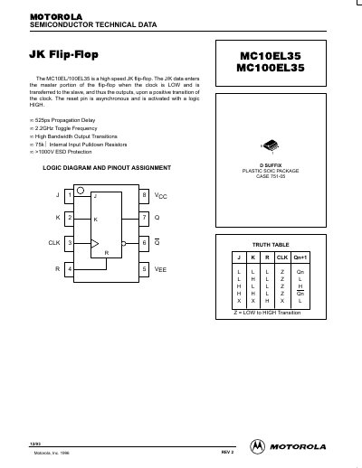 Motorola MC10EL35/MC100EL35 JK Flip-Flop Datasheet - cover page