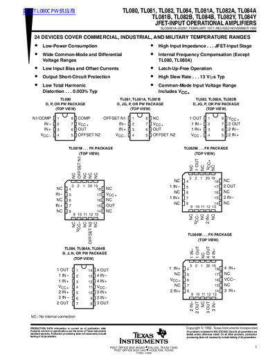 TEXAS INSTRUMENTS TL080 TL081 TL082 TL084 TL081A TL082A TL084A TL081B TL082B TL084B TL082Y TL084Y JFET-INPUT OPERATIONAL AMPLIFIERShandbook - cover page