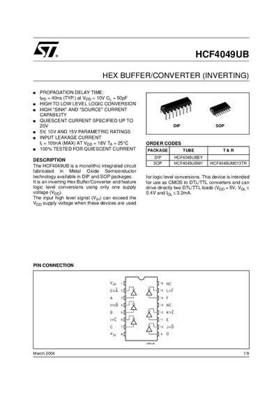 STMicroelectronics HCF4049UB Hex Buffer/Converter (Inverting) Datasheet - cover page