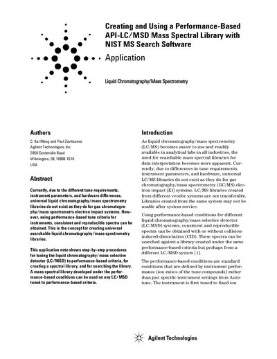 Agilent 1100 LC/MSD Performance-Based Mass Spectral Library Application Note - cover page