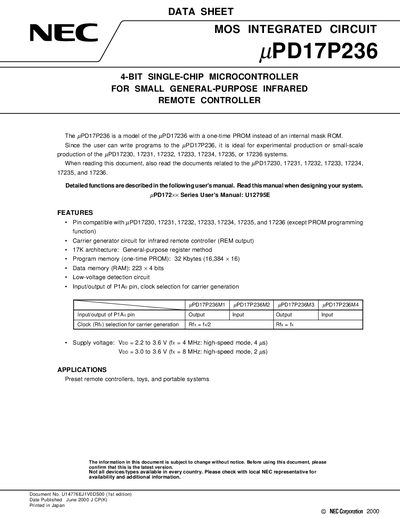 NEC uPD17P236 Microcontroller Datasheet - cover page