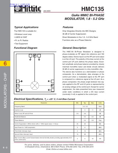 Hittite HMC135 GaAs MMIC Bi-Phase Modulator Datasheet - cover page