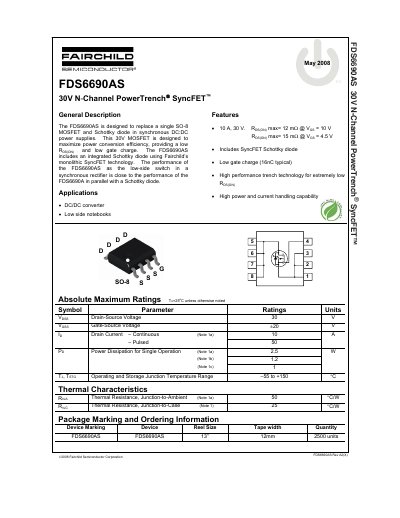 Fairchild FDS6690AS 30V N-Channel PowerTrench SyncFET Datasheet - cover page