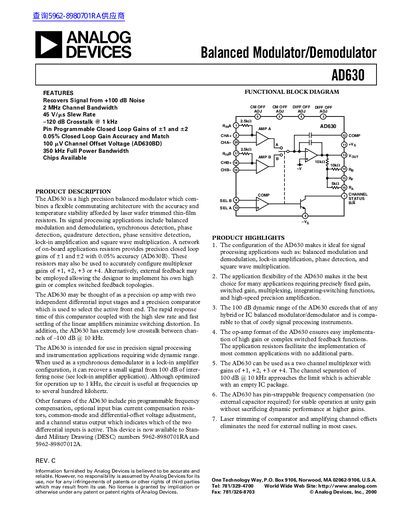 Analog Devices AD630 Balanced Modulator/Demodulator Datasheet
