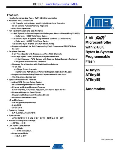 ATMEL ATtiny85 handbook (1) - cover page