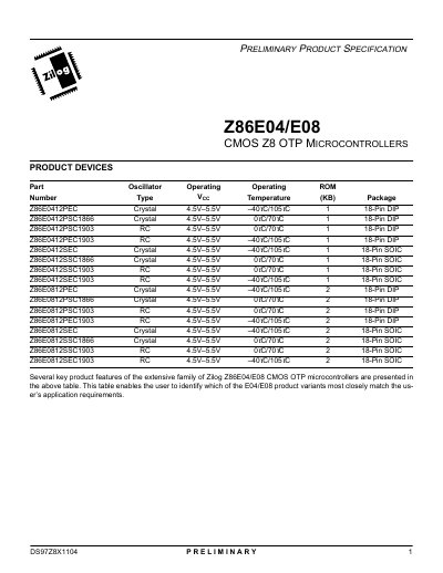 Zilog Z86E04/E08 CMOS Z8 OTP Microcontrollers Preliminary Product Specification - cover page