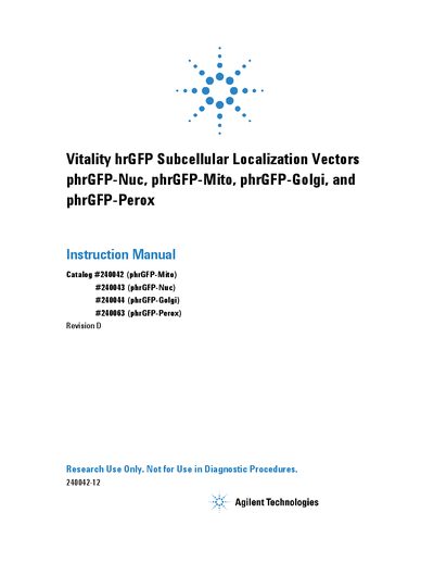 Agilent Technologies Vitality hrGFP Subcellular Localization Vectors Instruction Manual - cover page