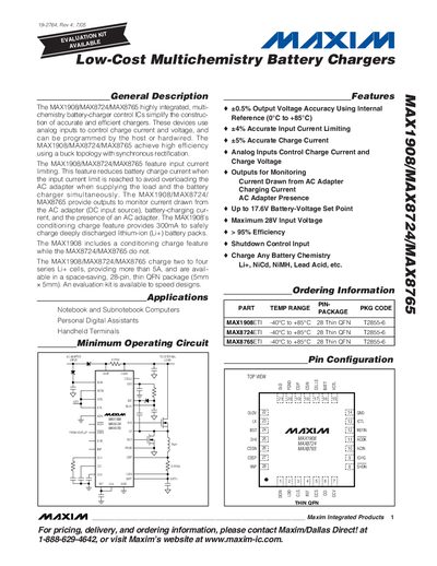 Maxim MAX1908/MAX8724/MAX8765 Battery Charger ICs Datasheet - cover page