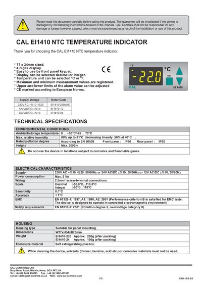 CAL Controls EI1410 NTC Temperature Indicator User Manual