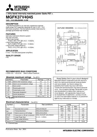 Mitsubishi Electric MGFK37V4045 GaAs Power FET Datasheet - cover page