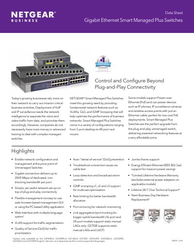 NETGEAR Gigabit Ethernet Smart Managed Plus Switches Data Sheet - cover page