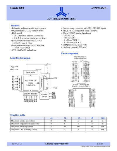 Alliance Semiconductor AS7C1024B SRAM Datasheet - cover page