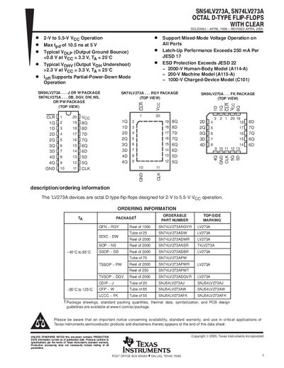 Texas Instruments SN54LV273A SN74LV273A Octal D-Type Flip-Flop Datasheet - cover page