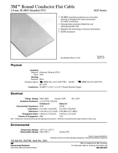 3M 3625 Series Round Conductor Flat Cable Handbook - cover page