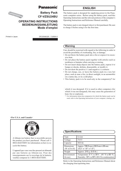 Panasonic CF-VZSU24BU Battery Pack Operating Instructions - cover page