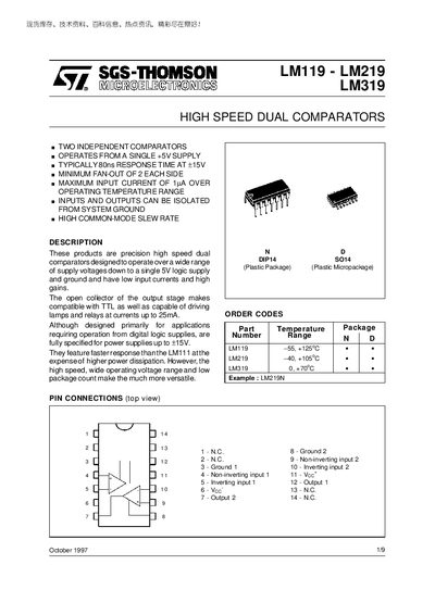 SGS-Thomson LM119 LM219 LM319 Dual Comparator Datasheet