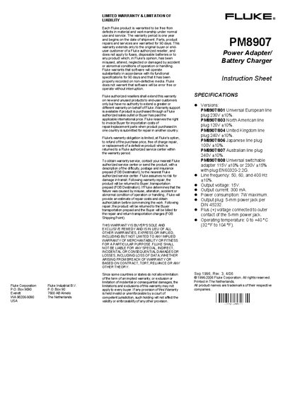 Fluke PM8907 Power Adapter Battery Charger User Manual - cover page