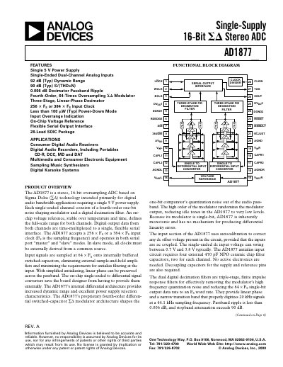 Analog Devices AD1877 16‑Bit Stereo ADC Datasheet