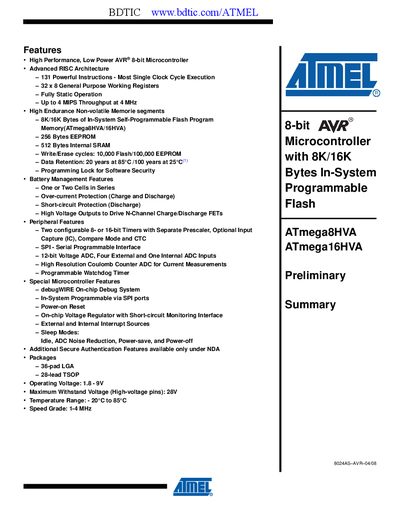 Atmel ATmega8HVA/ATmega16HVA Datasheet - cover page