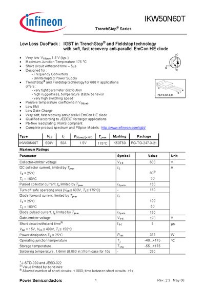 Infineon IKW50N60T IGBT Datasheet - cover page
