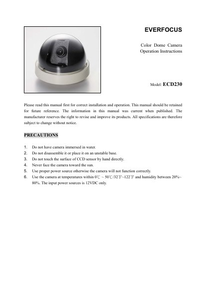 EverFocus ECD230 Color Dome Camera Operation Instructions - cover page