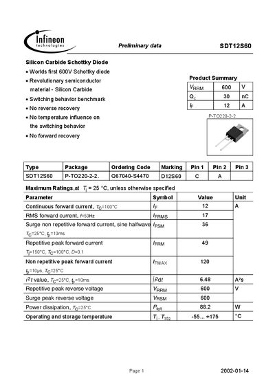 Infineon SDT12S60 Silicon Carbide Schottky Diode Datasheet - cover page