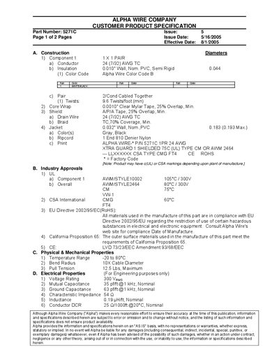 Alpha Wire 5271C Customer Product Specification - cover page