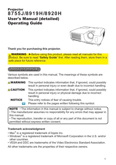Dukane 8755J/8919H/8920H Projector User's Manual - cover page