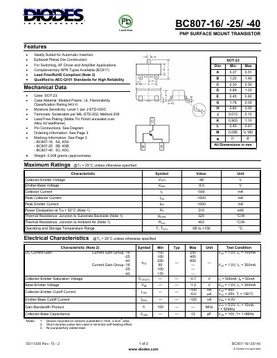 Diodes Incorporated BC807-16/-25/-40 PNP Surface Mount Transistor Datasheet - cover page