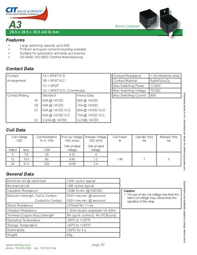 CIT A3 Relay Series Datasheet - cover page